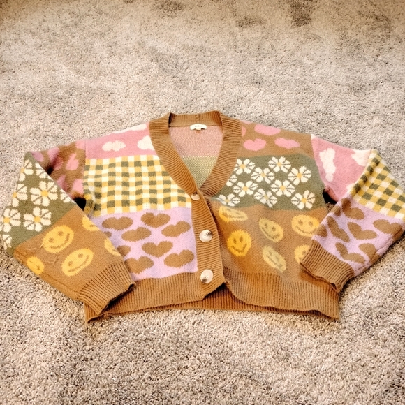 debut Sweaters - Women's Multicolored Patterned Twee Kidcore Chunky Cardigan Sweater Sz L